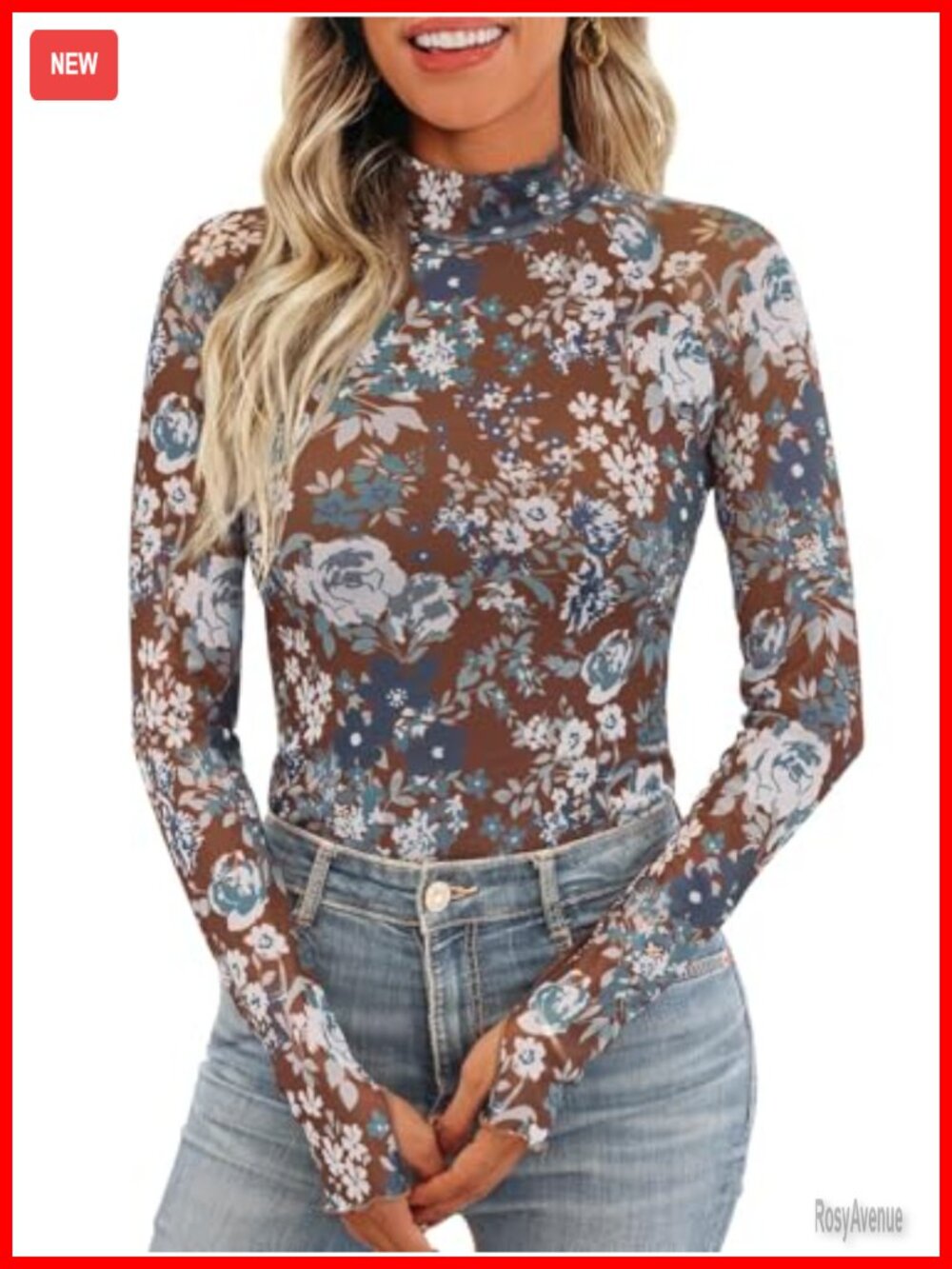 Sheer Floral Mesh Mock Neck Long Sleeve Top Women Business Casual Stretch
